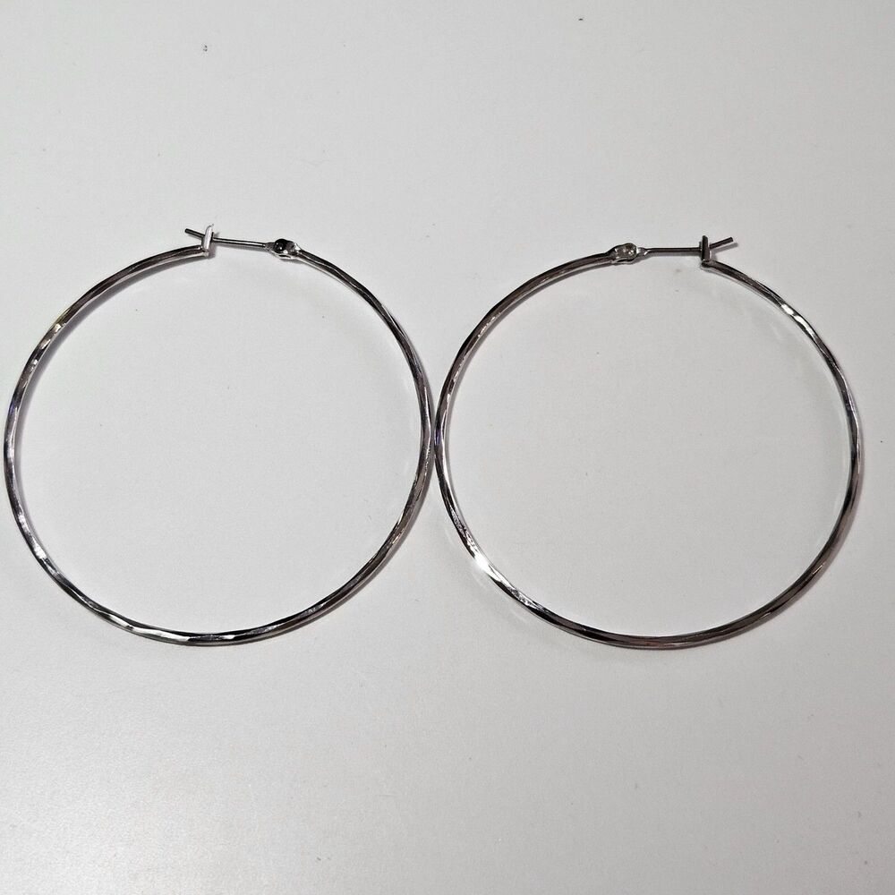 Silver Tone Large Hoop Earrings Diamond Shape Patterned